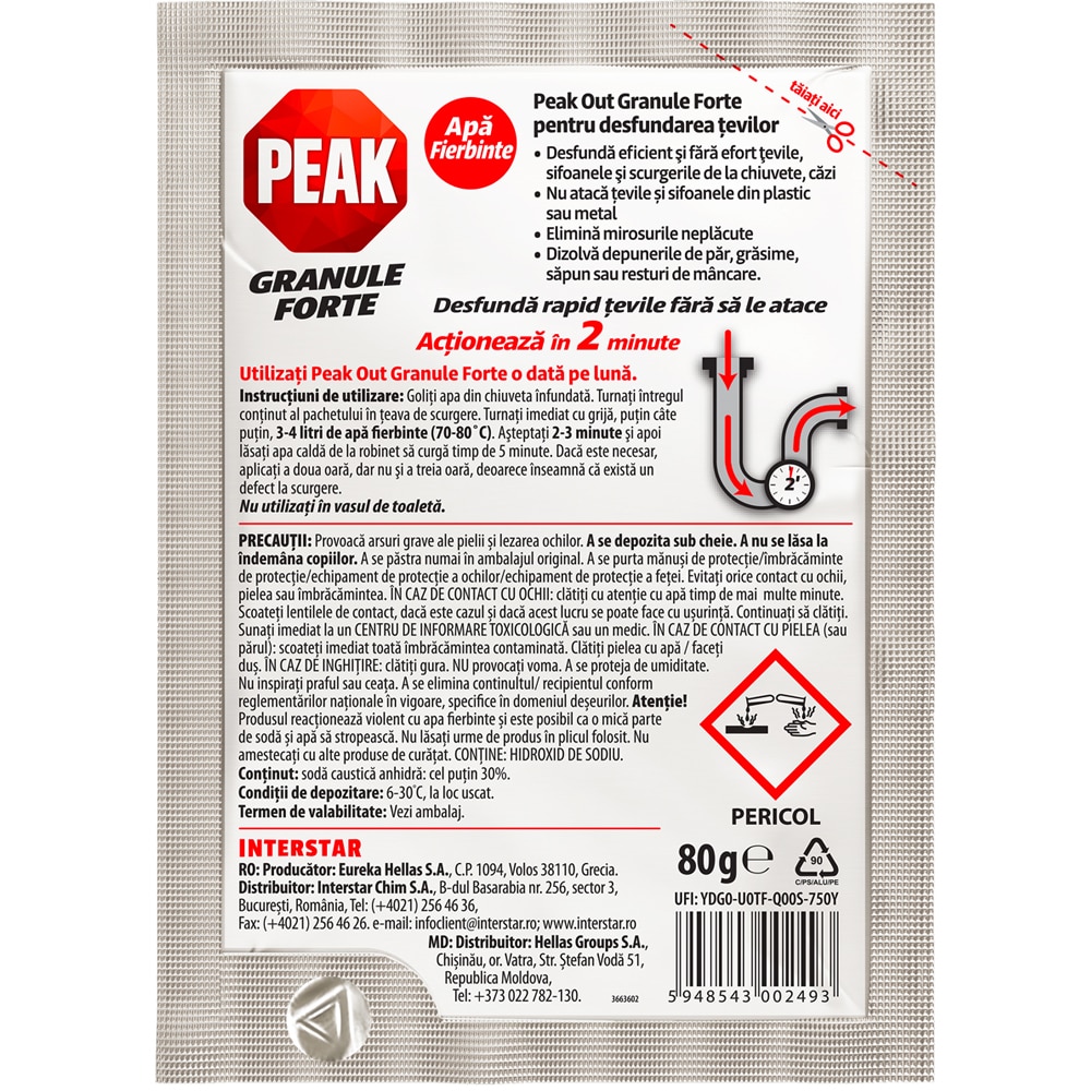 Granule pentru desfundat tevi PEAK Out, Apa fierbinte, 80 g