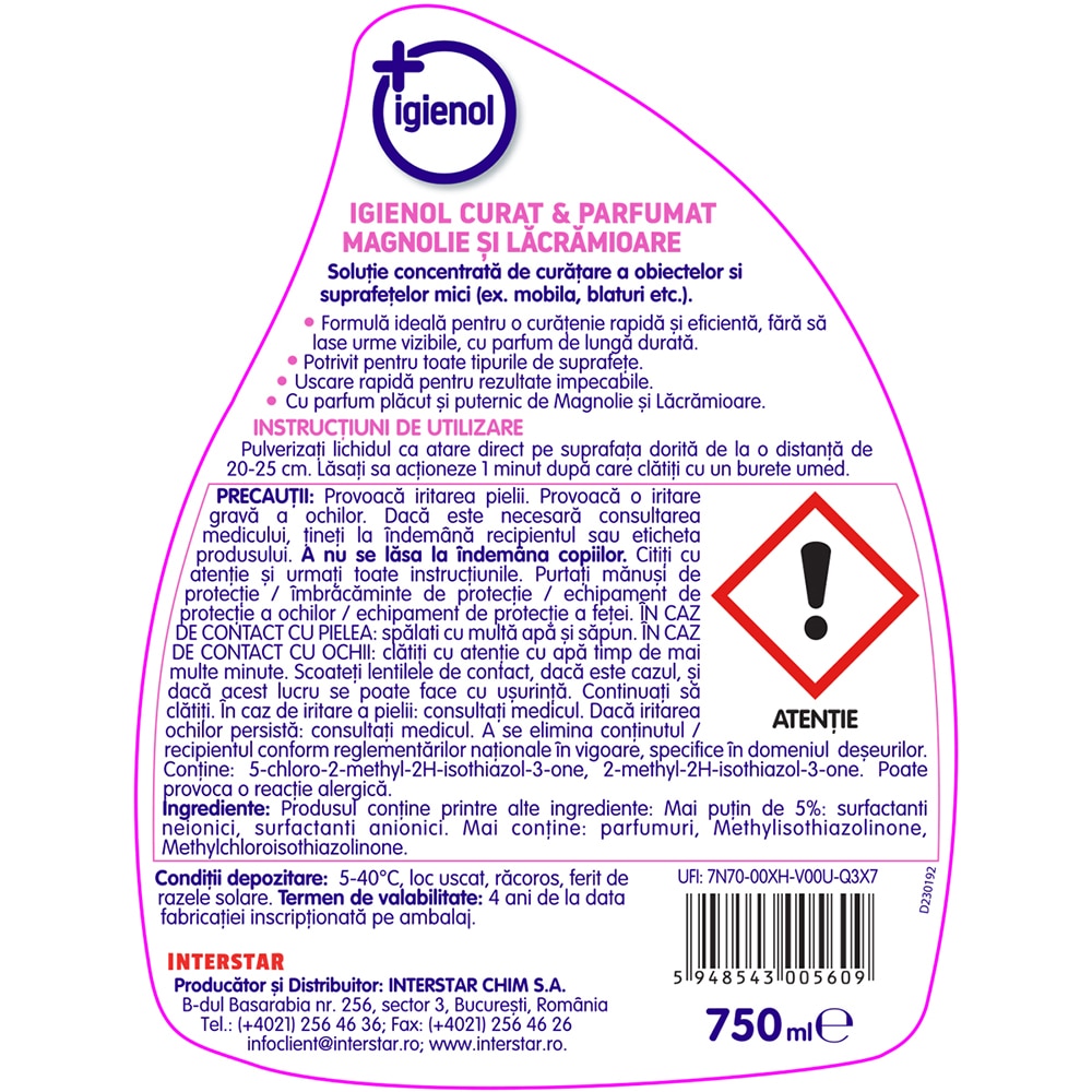 Spray igienizant suprafete IGIENOL Magnolie si lacramioare, 750 ml