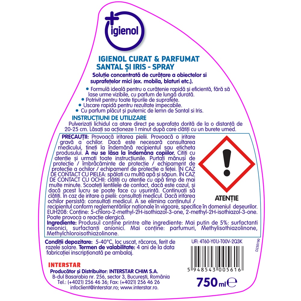 Spray igienizant suprafete IGIENOL Curat & Parfumat, Santal si Iris, 750 ml