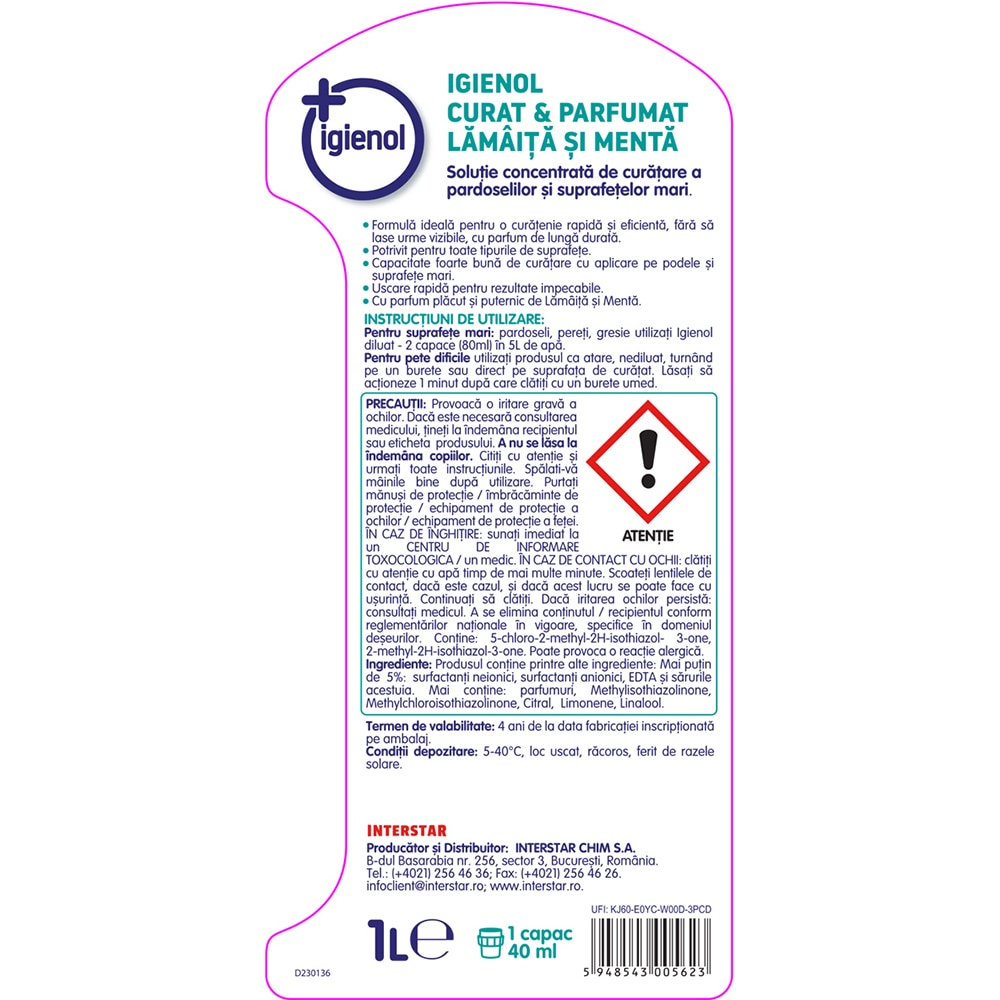 Solutie de curatare pardoseli IGIENOL Lamaita si menta, 1l