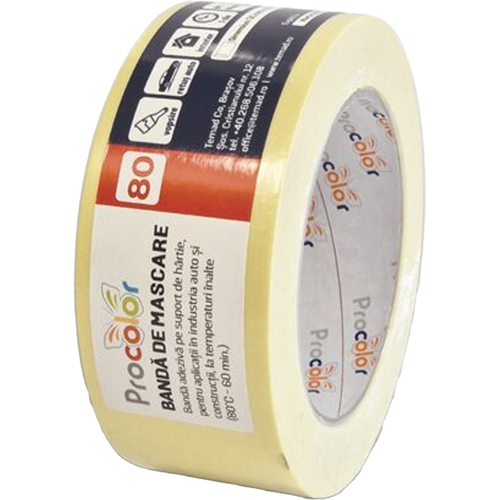 Banda adeziva mascare PROCOLOR 80C, 50mm x 50m, galben