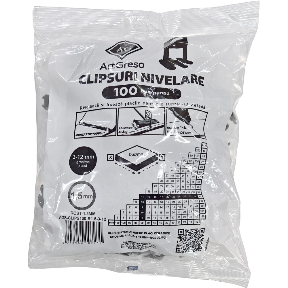 Distantiere nivelare placi ceramice ARTGRESO, 1.5mm, 100buc, gri