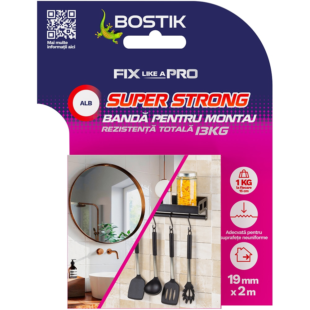 Banda dublu adeziva BOSTIK, 19mm x 2m, alb