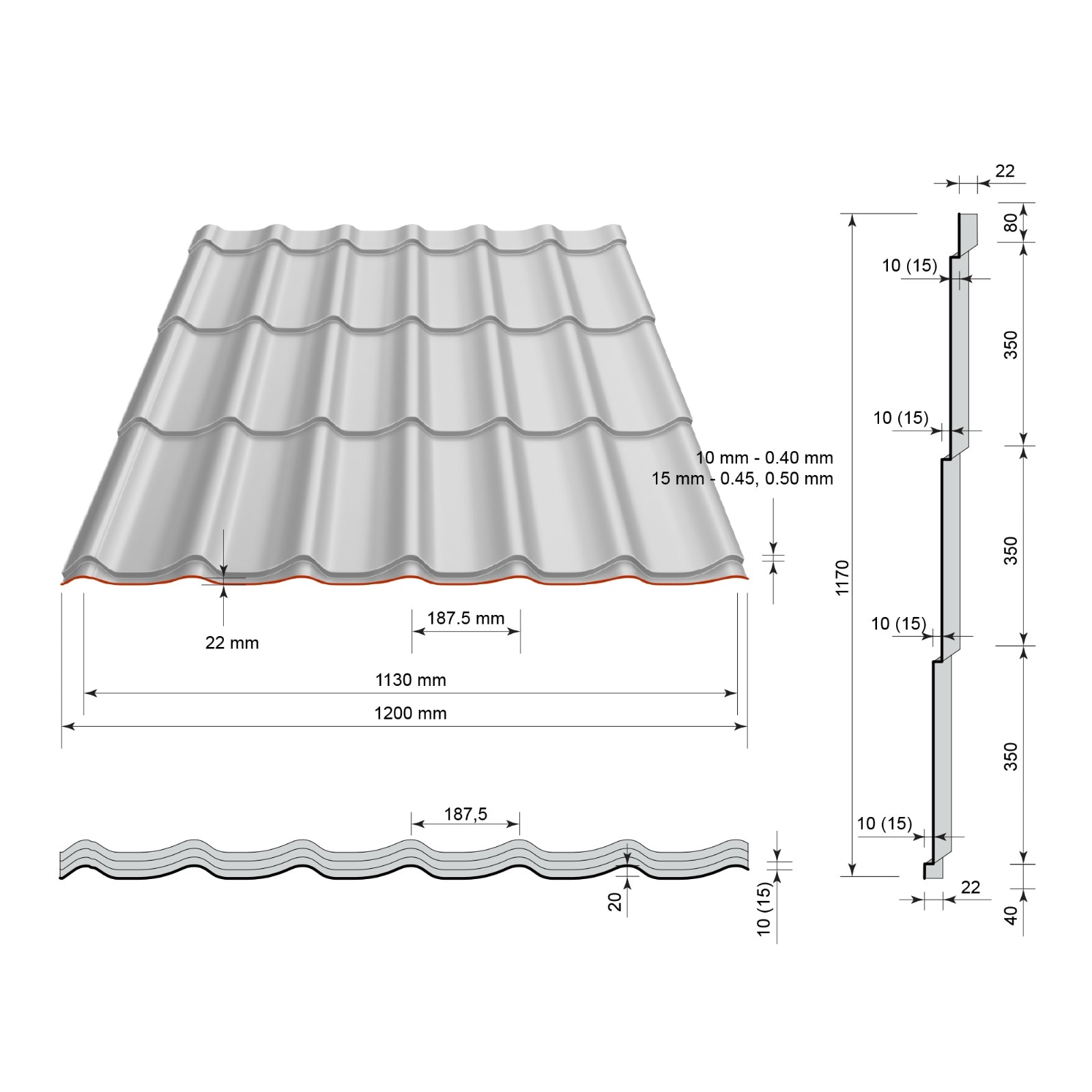 Tigla metalica, maro, RAL 8017, mat, 0.4 mm x 120 x 185 cm