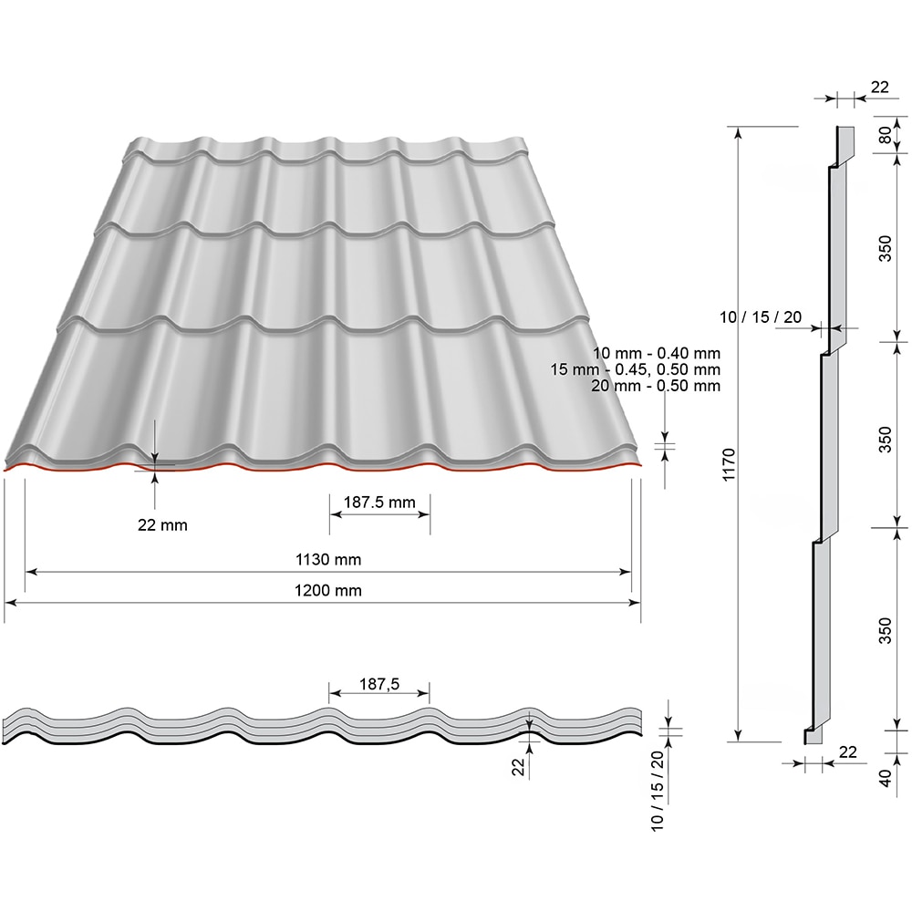 Tigla metalica Smart, gri mat (RAL 9005), 0.4 mm, 220 x 120 cm