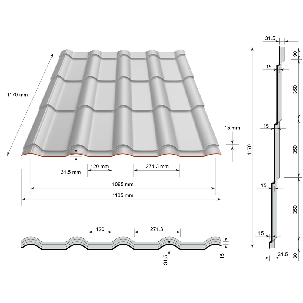 Tigla metalica, Maro, RAL 8017, 0,5 mm x 224 x 118,5 cm, 2,654 mp  Bravo Mediteran
