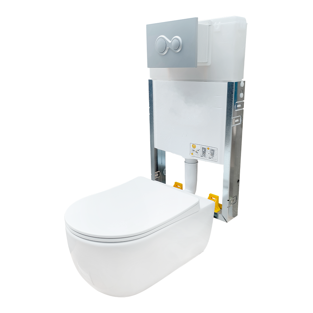 Set vas WC suspendat Regata Supreme, ceramica, rezervor 3-6 l, capac SoftClose, clapeta dubla actionare, alb-crom