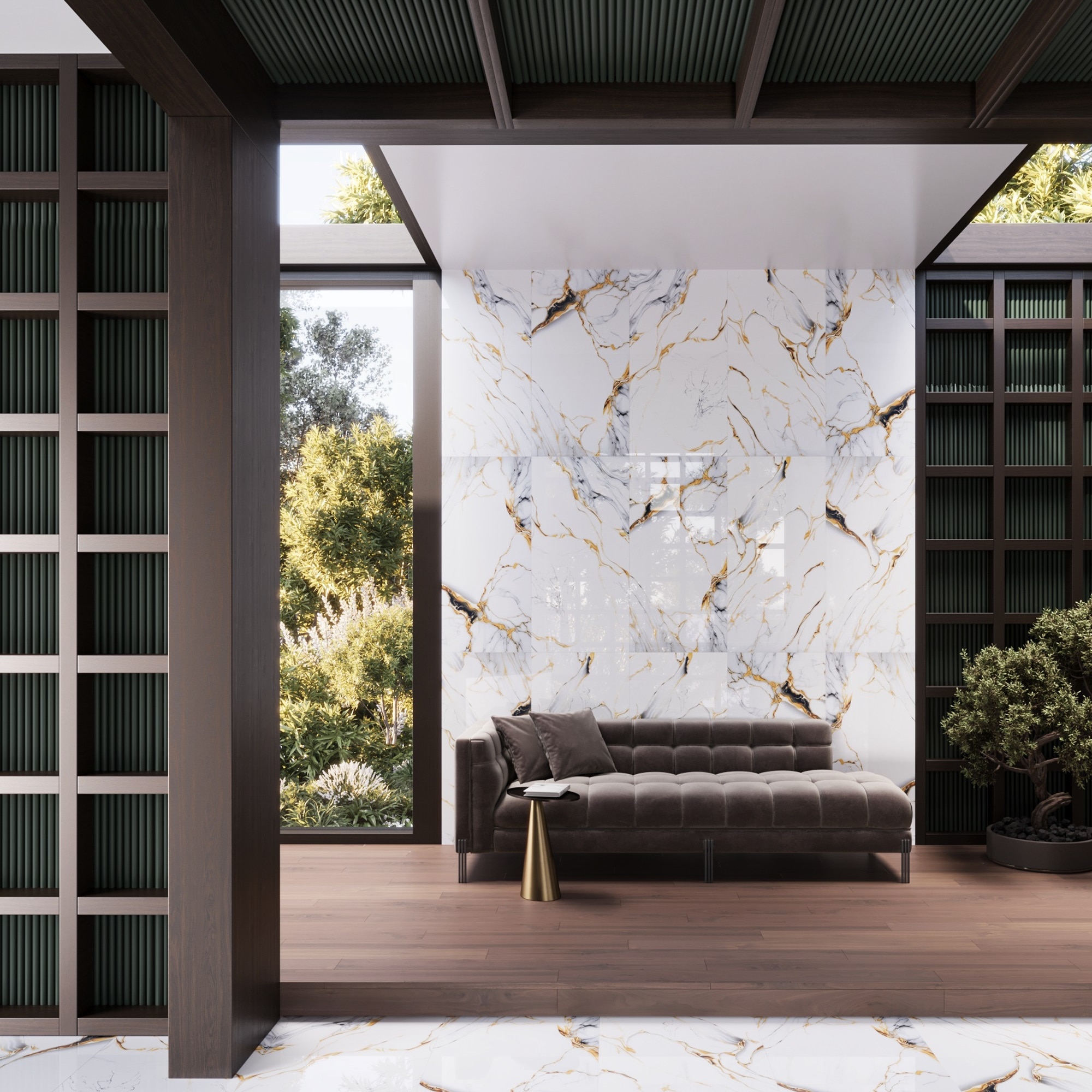 Gresie portelanata rectificata Onyx Waves Gold, 60 x 120 cm, lucioasa, 1.44 mp/cutie