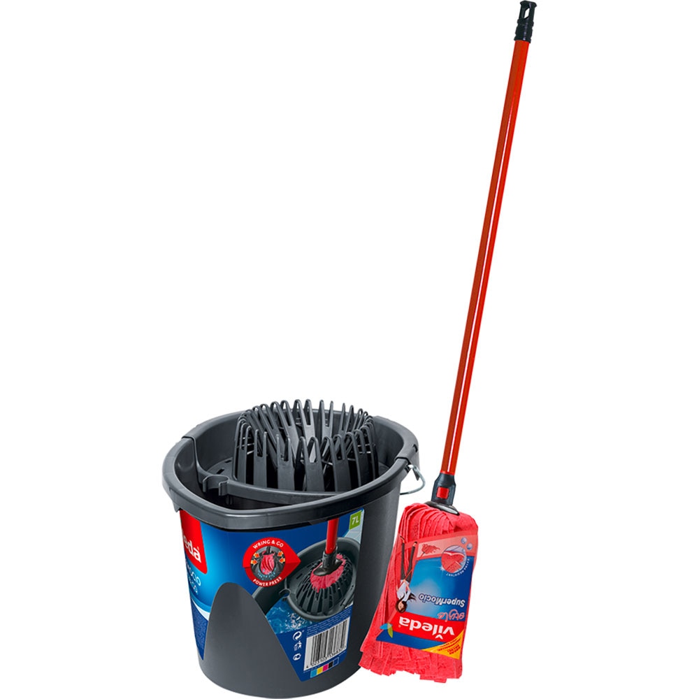 Set galeata cu storcator + mop + maner Euroclick VILEDA Style, negru-rosu