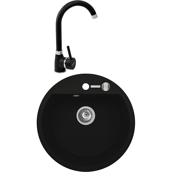 Pachet chiuveta PYRAMIS Round Elegant, compozit granit + baterie, negru