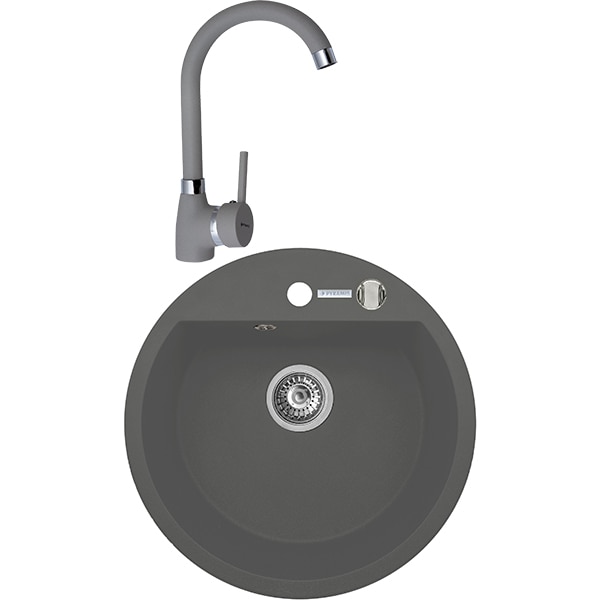 Pachet chiuveta PYRAMIS Round Elegant, compozit granit + baterie, gri