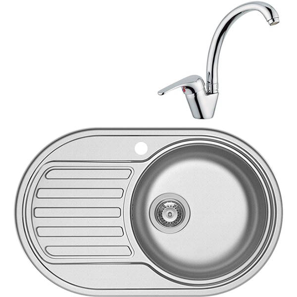 Pachet chiuveta PYRAMIS SR Mini, 1 cuva, picurator stanga, inox texturat + baterie, gri