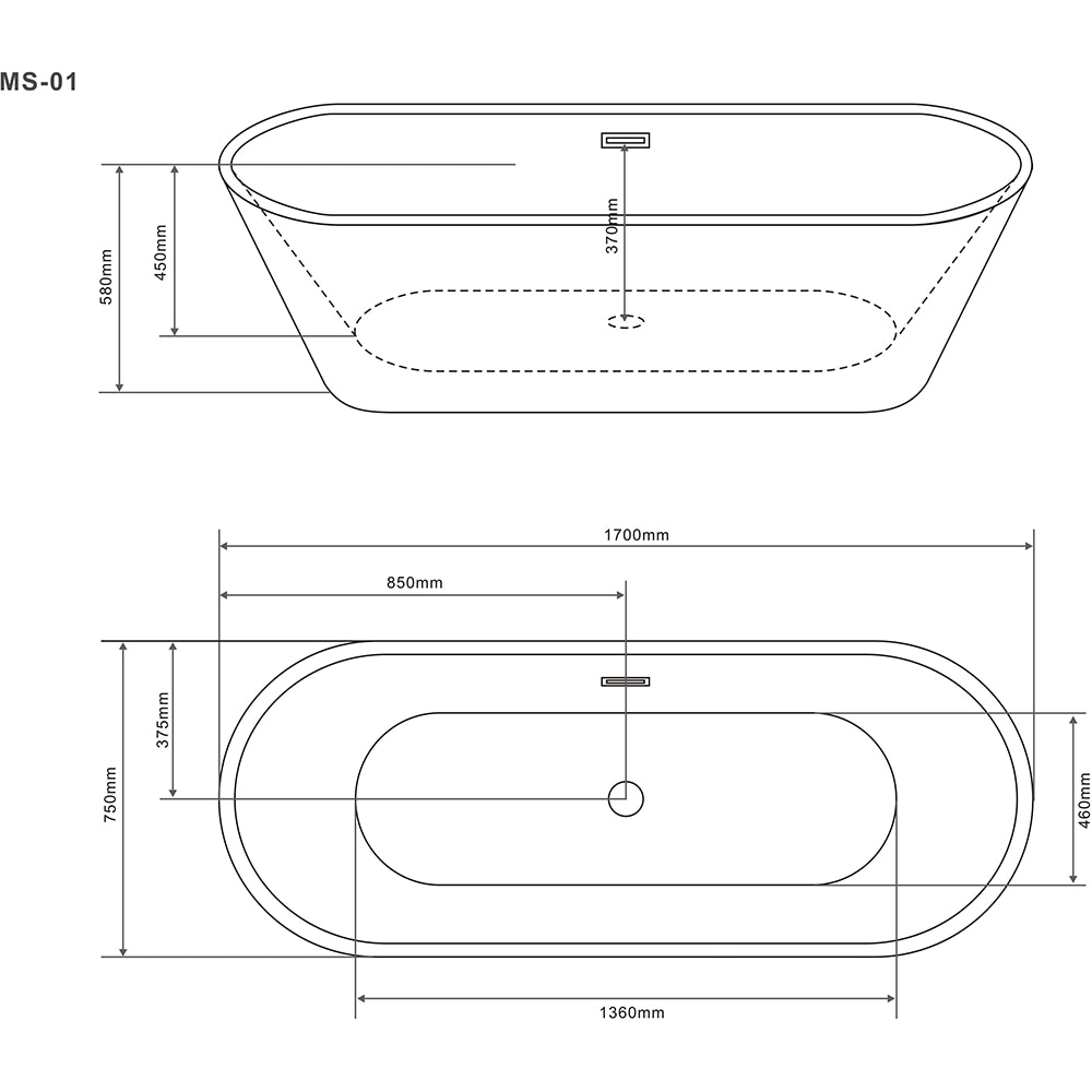 Cada baie freestanding Bresi Well, acril, 170 x 75 x 58 cm, alb