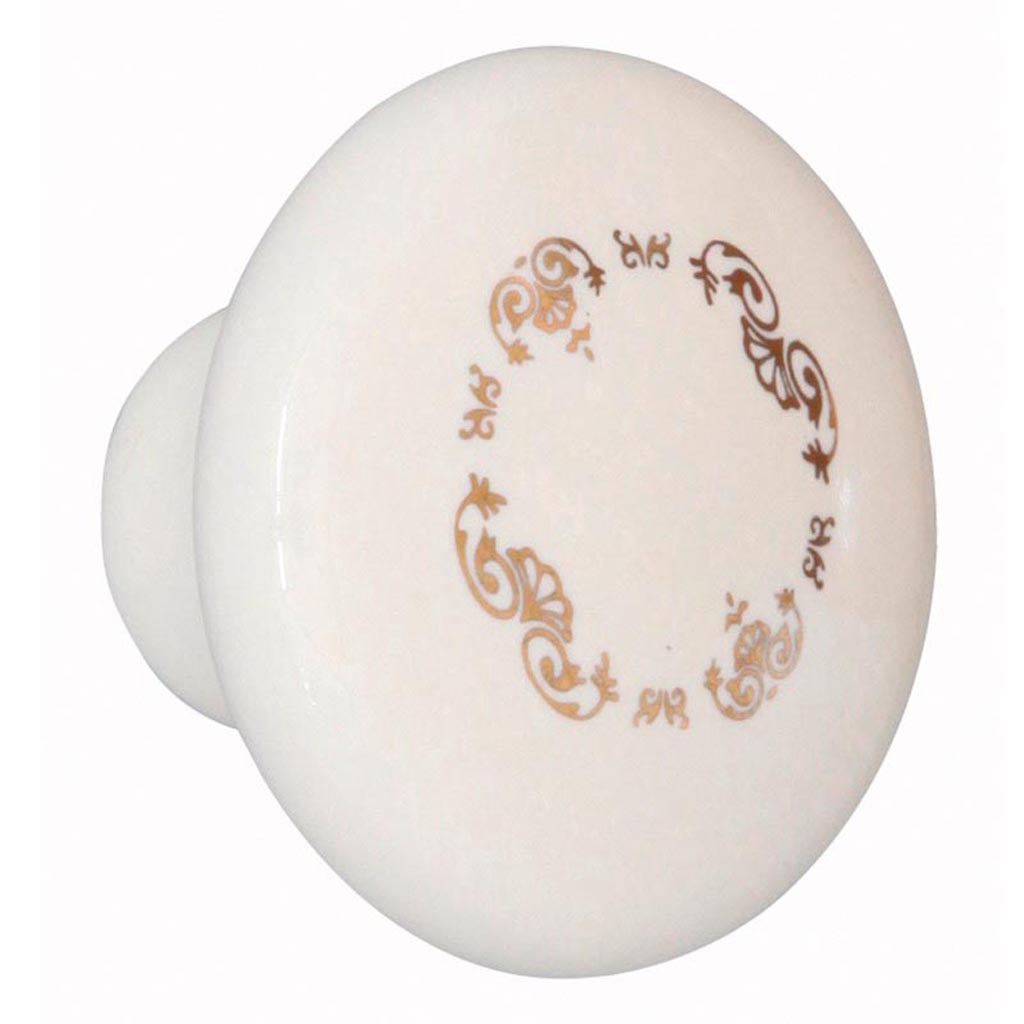 Buton usa stil M4, portelan, alb cu model auriu 