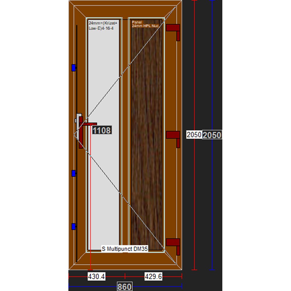 Usa exterior FENSTERWELT, cu geam, dreapta, PVC, 86 x 205 cm, nuc