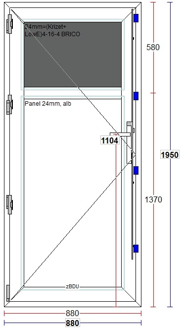 Usa termopan PVC interior/exterior, batanta, cu geam, 4 C, 1/3, alb, stanga, simpla deschidere, 88 x 195 cm  Extruplast