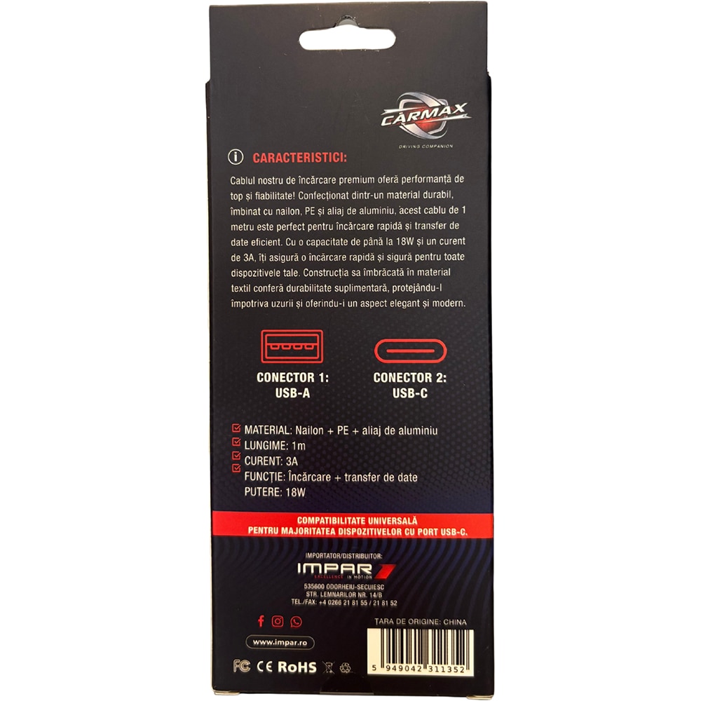 Cablu date CARMAX, USB-A - USB-C, 1m, negru