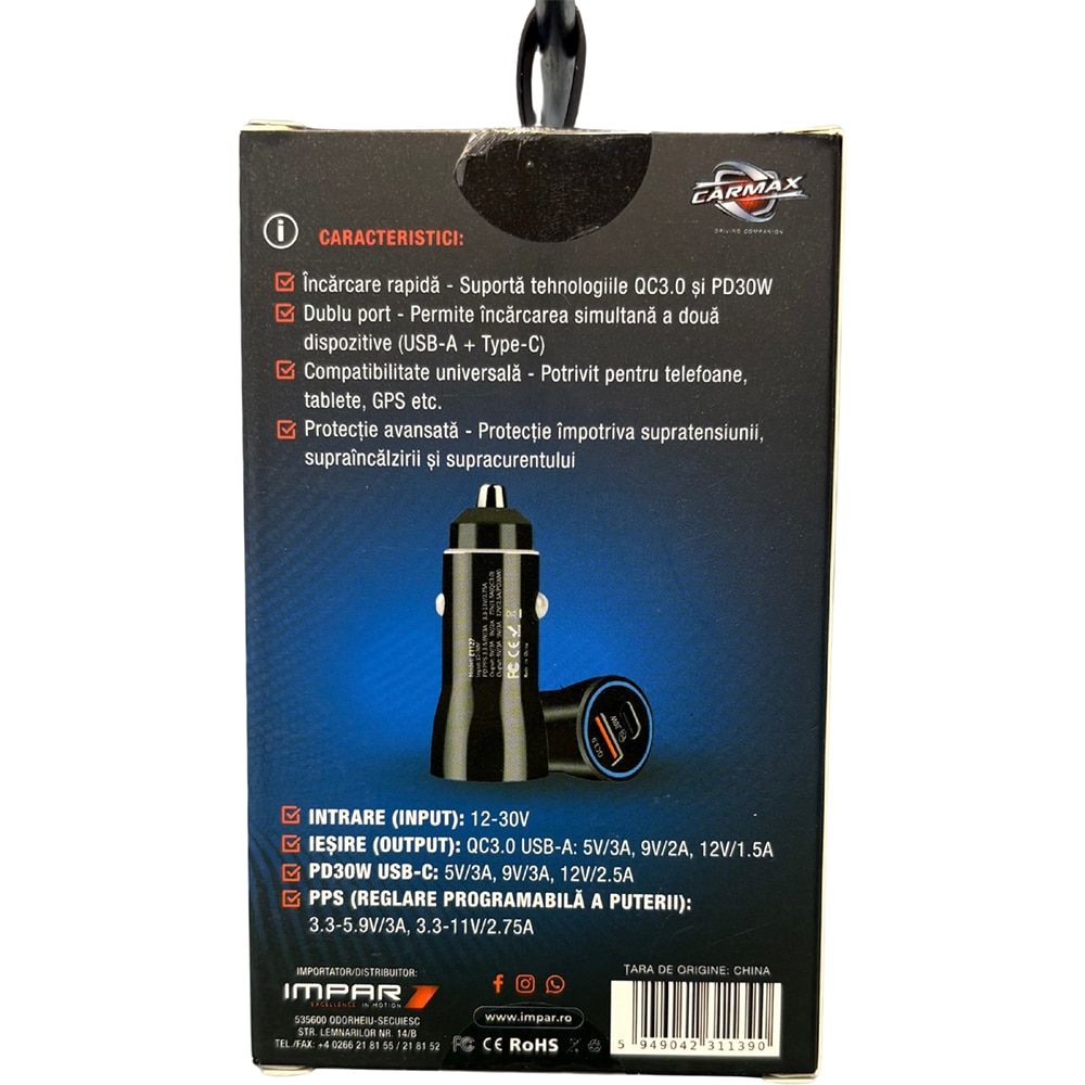 Incarcator auto CARMAX, 48W, USB-A, USB Type-C, PD, Qualcomm Quick Charge 3.0, negru