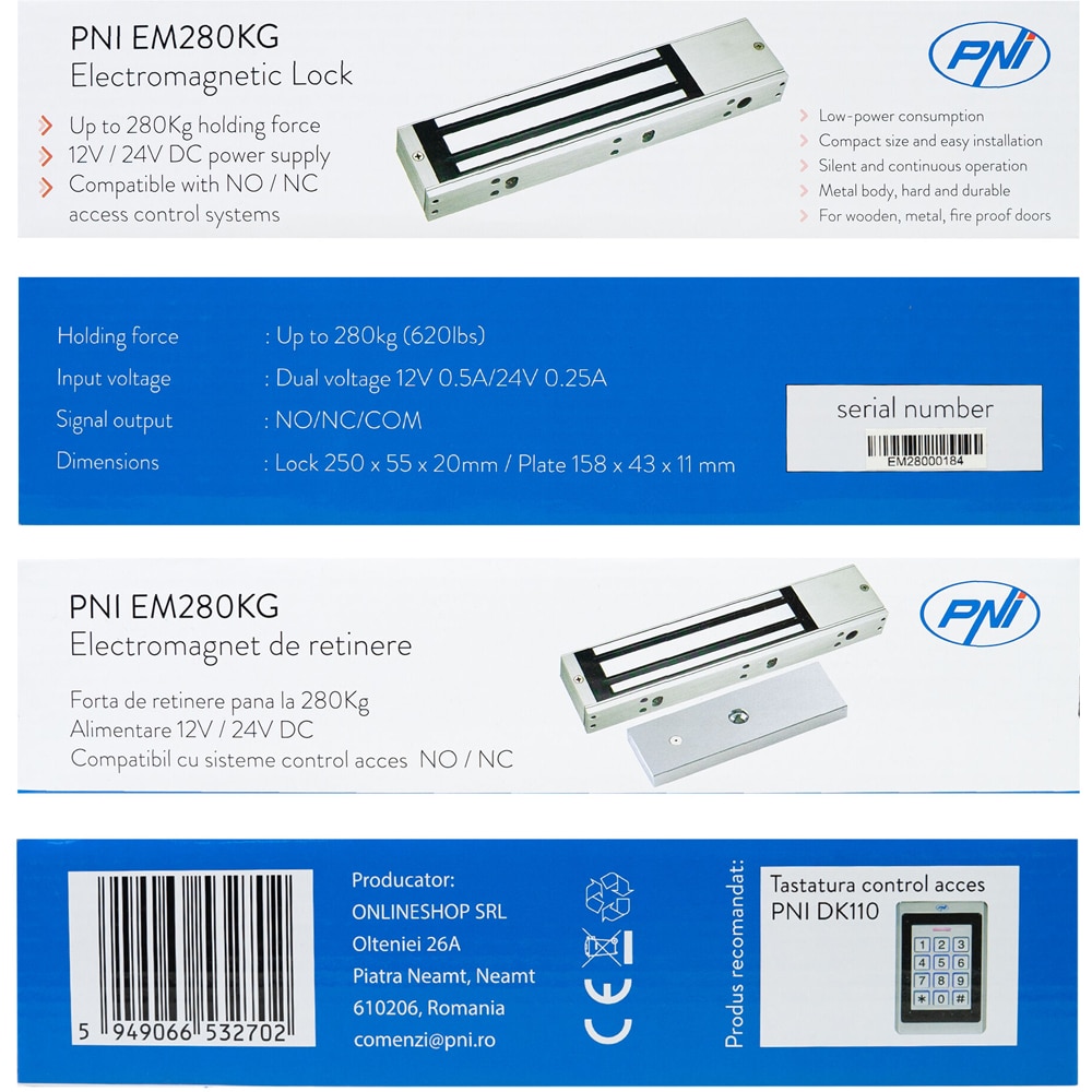 Electromagnet de retinere PNI EM280KG NO/NC/COM, forta de inchidere 280kg, alimentare 12V/24V