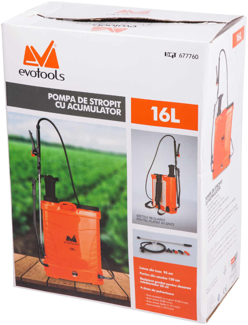 Pompa de stropit cu acumulator Evotools ETS, 16 l, lance inox 95 cm, furtun 120 cm, bretele reglabile, 4 duze incluse, plastic, portocaliu/negru