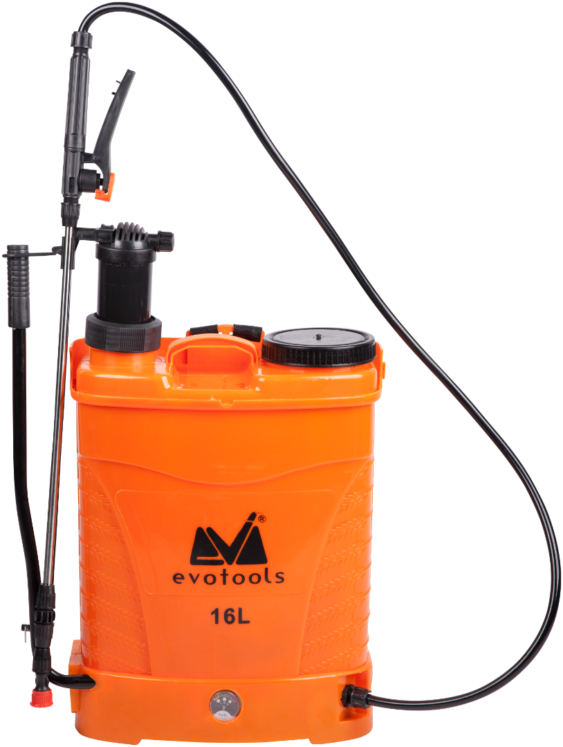 Pompa de stropit cu acumulator Evotools ETS, 16 l, lance inox 95 cm, furtun 120 cm, bretele reglabile, 4 duze incluse, plastic, portocaliu/negru