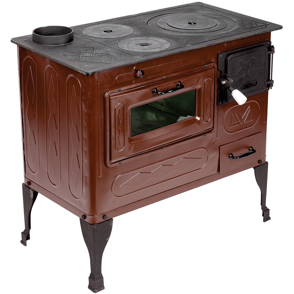 Soba cu plita de gatit pe lemne tip stanga Evotools Andra, tabla emailata, 7.5 kW, 80 x 75 x 43.7 cm, maro