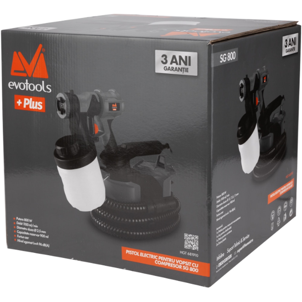 Pistol de vopsit cu compresor EvoTools SG 800 EPTO PLUS, 800W, 900ml, 66 l/h