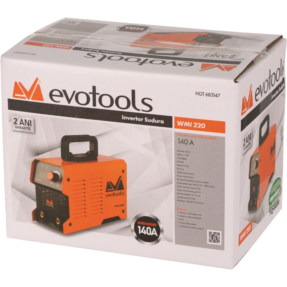 Invertor sudura EVOTOOLS WMI 220A, 140A, 6.1kVA, electrod 2.5 - 3.2 mm, masca sudura
