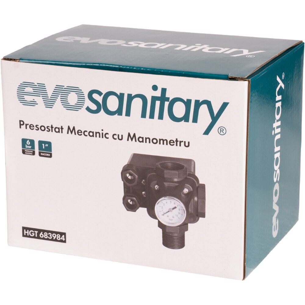 Presostat mecanic EVOTOOLS cu manometru EvoSanitary, 6 bar, 1", ABS
