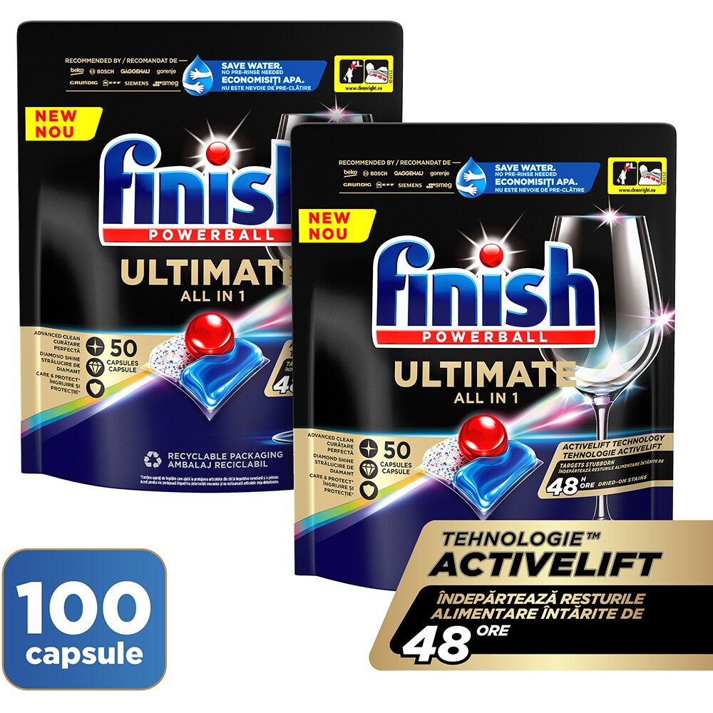 Detergent pentru masina de spalat vase FINISH Ultimate All In 1, 2 x 50 tablete