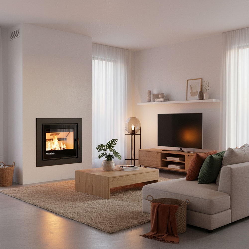 Focar semineu combustibil solid REECOMER, 11kw, 50.2 x 79 x 115 cm, fonta, negru mat