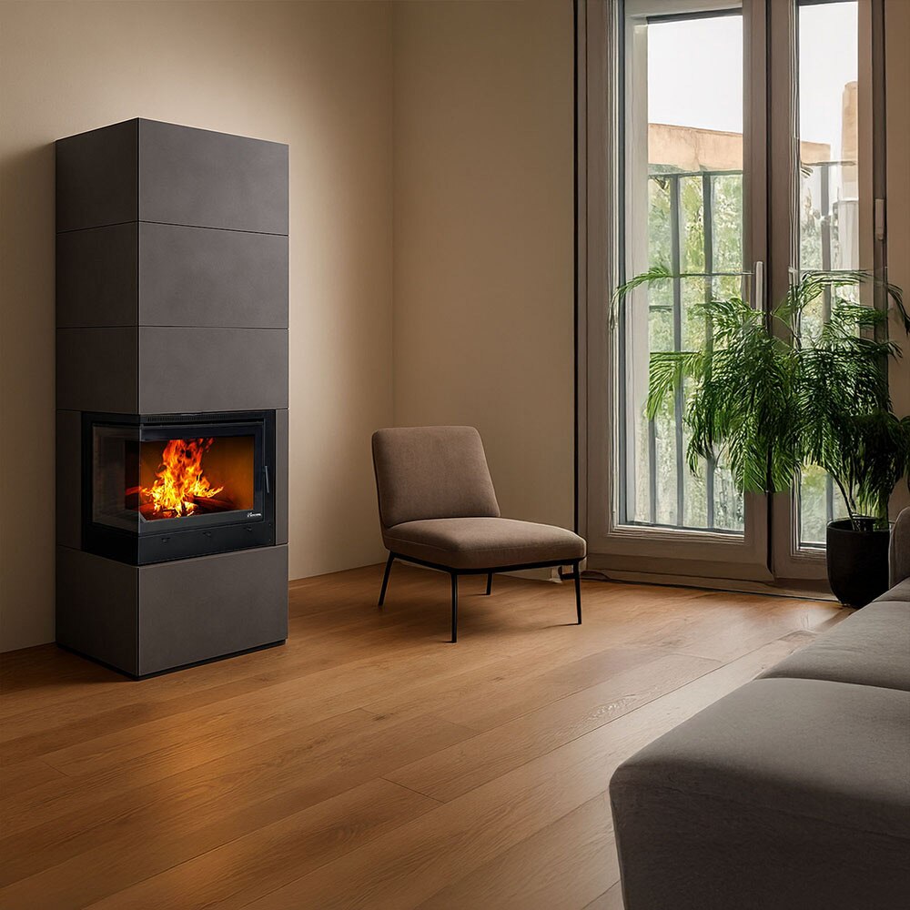 Focar semineu combustibil solid REECOMER, 13kw, 44.7 x 69.1 79.8 cm, montaj pe colt, fonta, negru mat