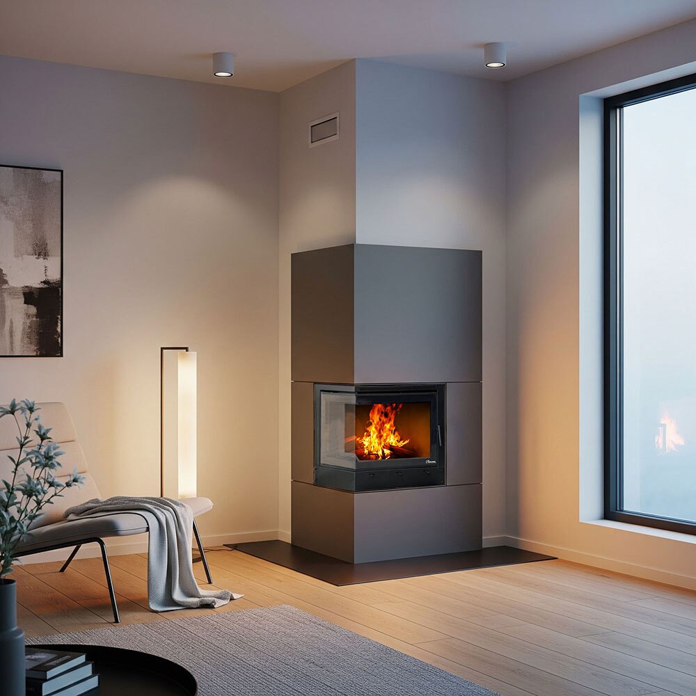 Focar semineu combustibil solid REECOMER, 13kw, 44.7 x 69.1 79.8 cm, montaj pe colt, fonta, negru mat