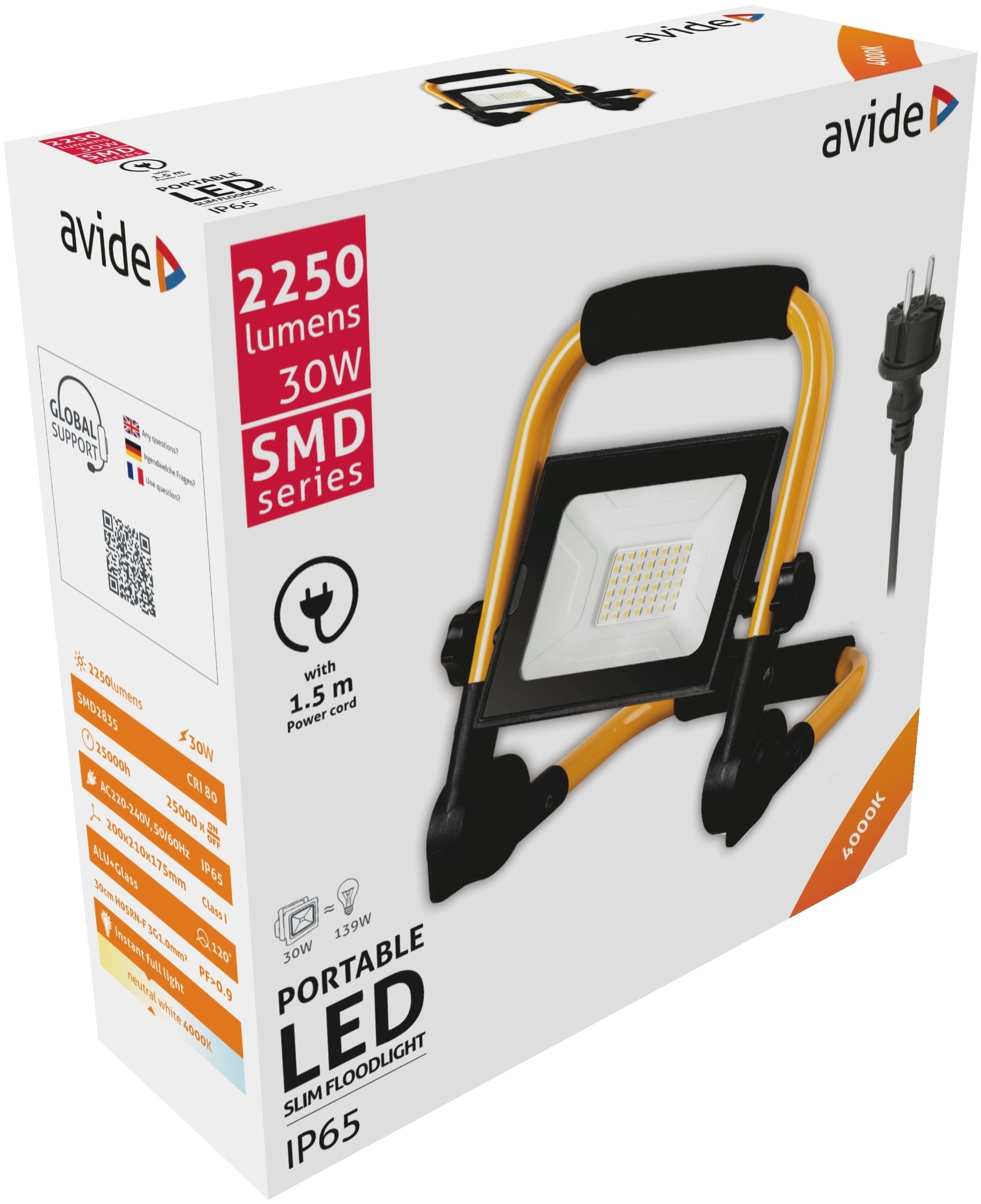 Proiector LED cu suport, 30 W, 1.5 m, 211 x 271 • Avide