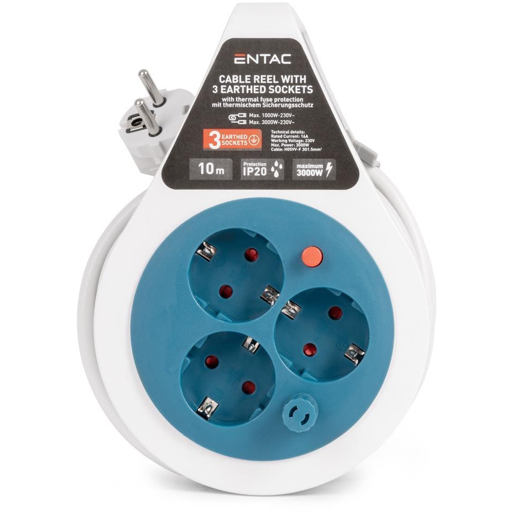 Prelungitor cu tambur ENTAC Mini, 3 prize, 1.5mm, 10m