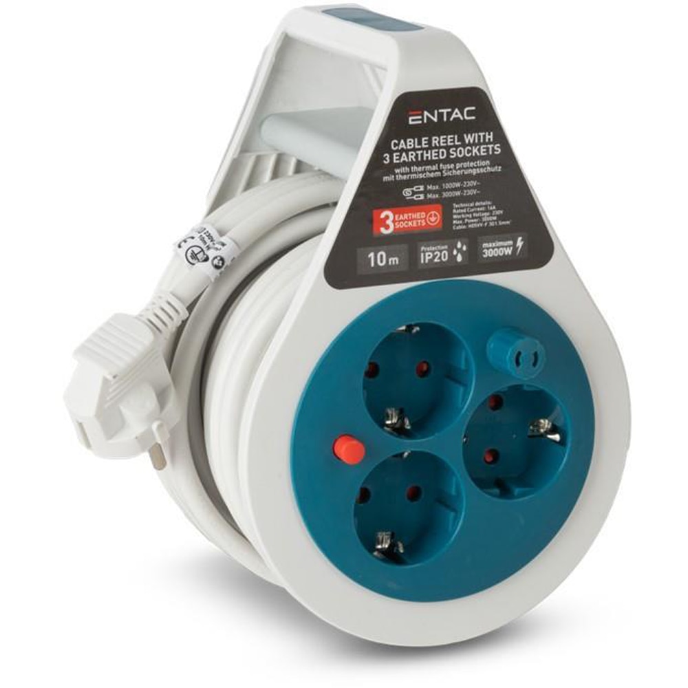 Prelungitor cu tambur ENTAC Mini, 3 prize, 1.5mm, 10m