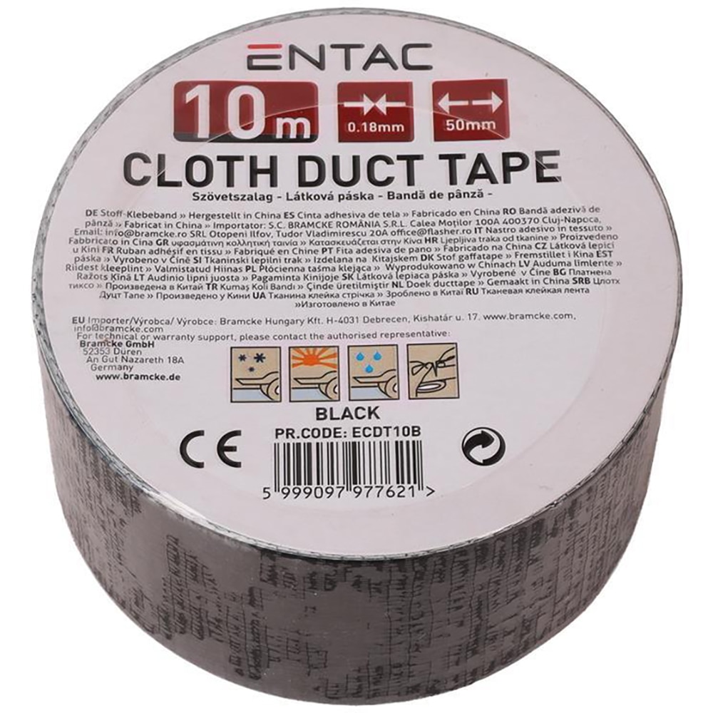 Banda adeziva ENTAC, insertie textila, 50mm x 10m, negru