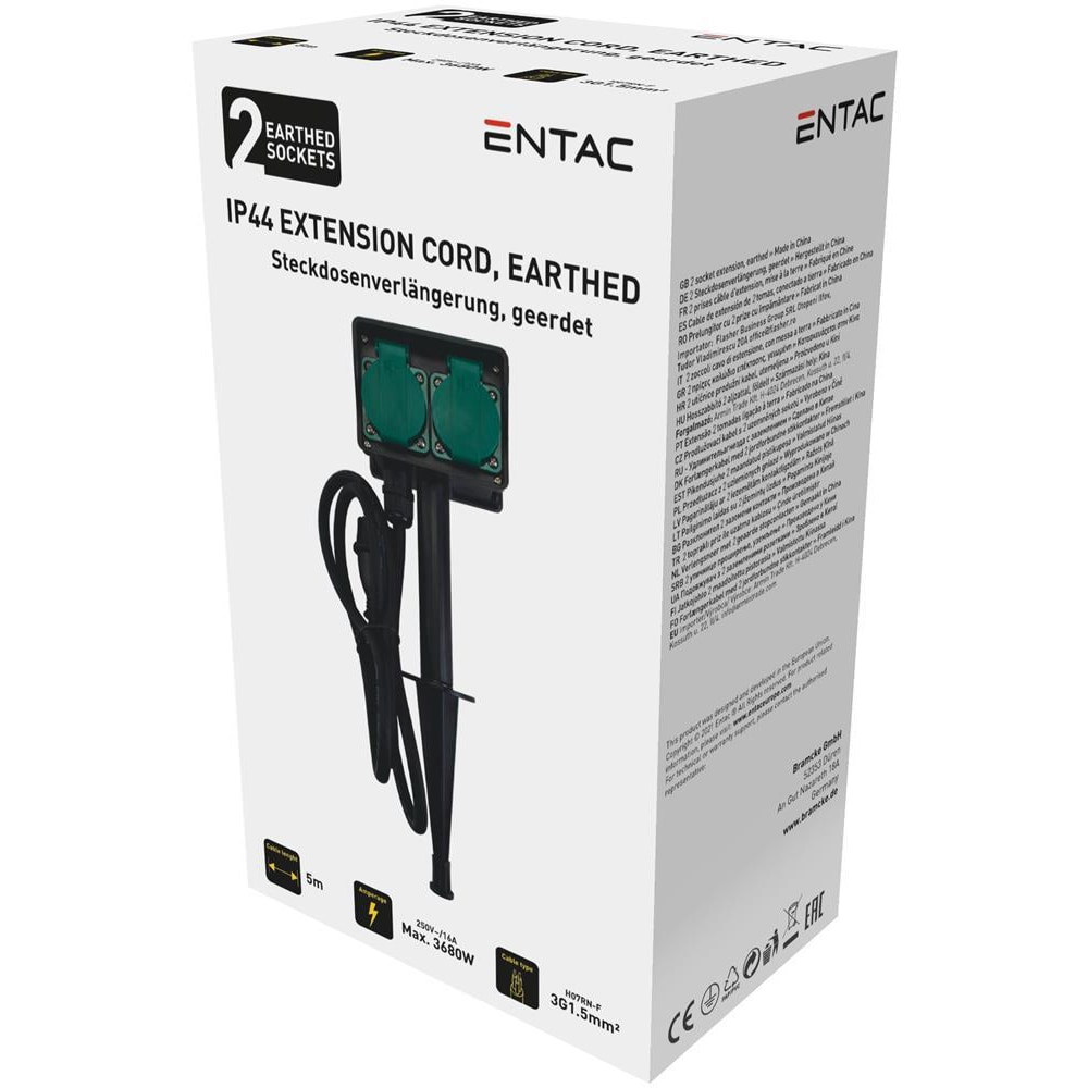 Prelungitor ENTAC ESE1.5G2-5-IP44S, 3680W, 2 prize, 5m, negru