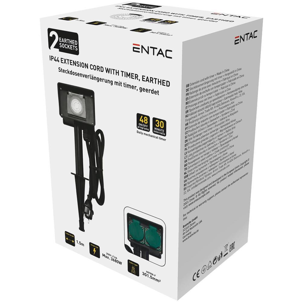 Prelungitor ENTAC ESE1.5GT2-1.5-IP44S, 3680W, 2 prize, 1.5m, negru