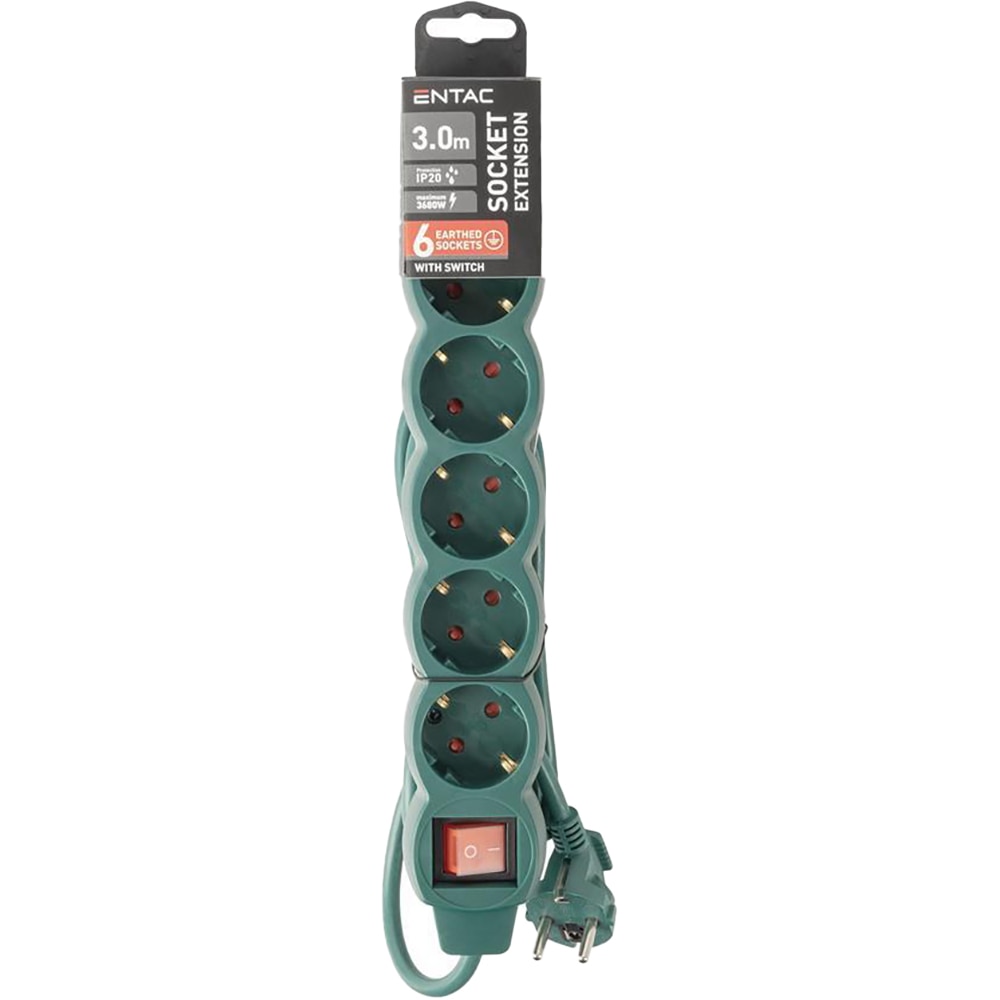 Prelungitor ENTAC ESE1.5G6-3-SW-G, 6 prize Shucko, 3m, intrerupator, verde