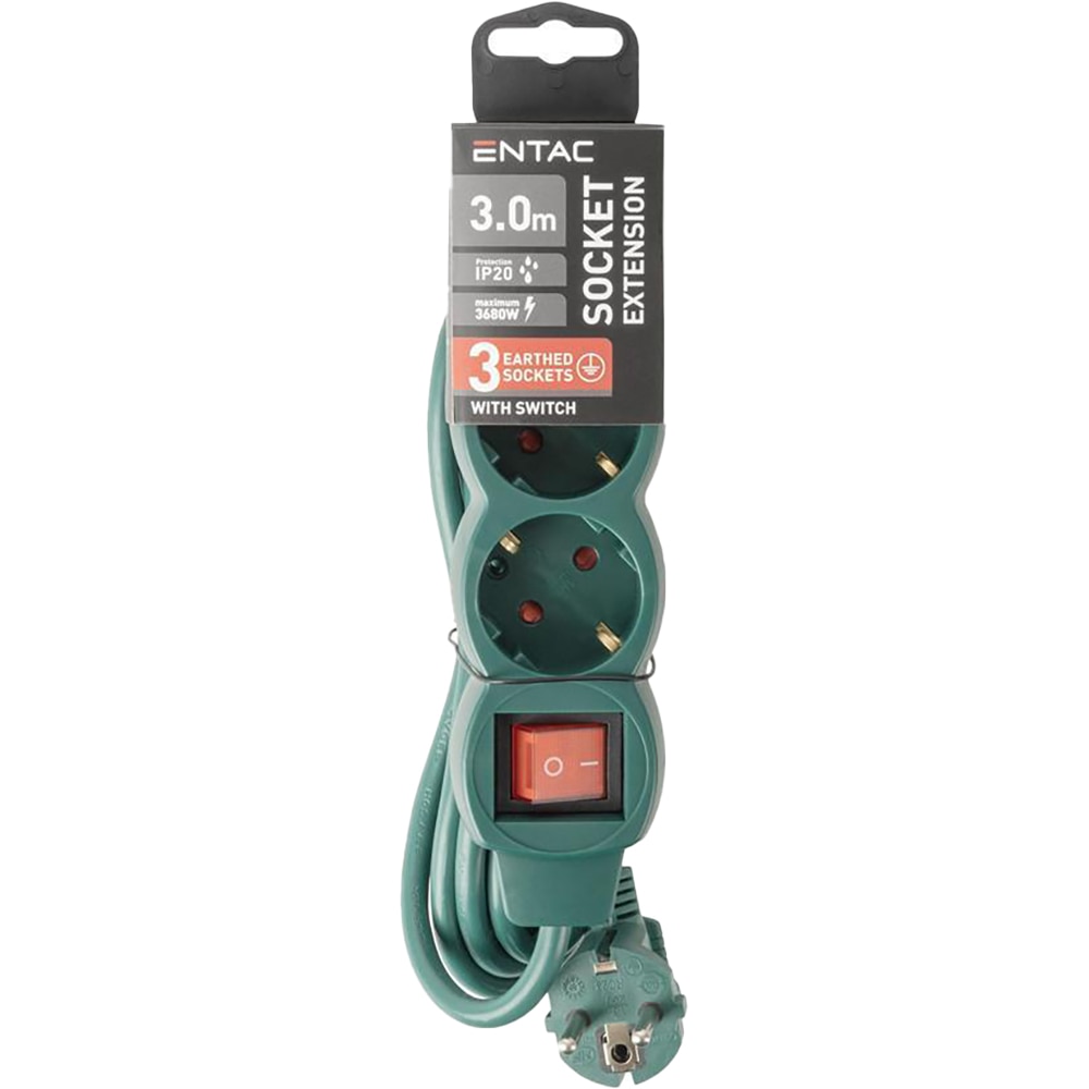 Prelungitor ENTAC ESE1.5G3-3-SW-G, 3 prize Shucko, 3m, intrerupator, verde