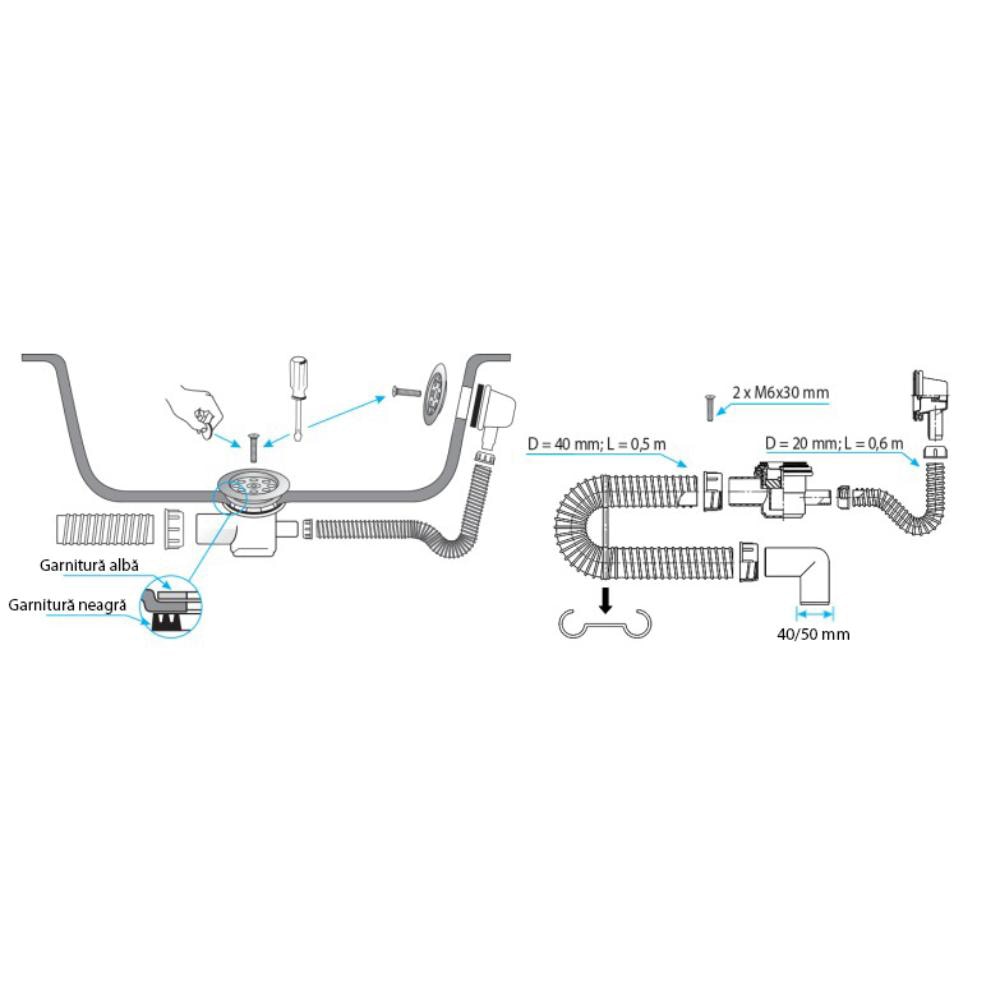 Sifon flexibil cada cu preaplin si garda hidraulica Heko, ventil D 60 mm, scurgere DN 40/50 mm