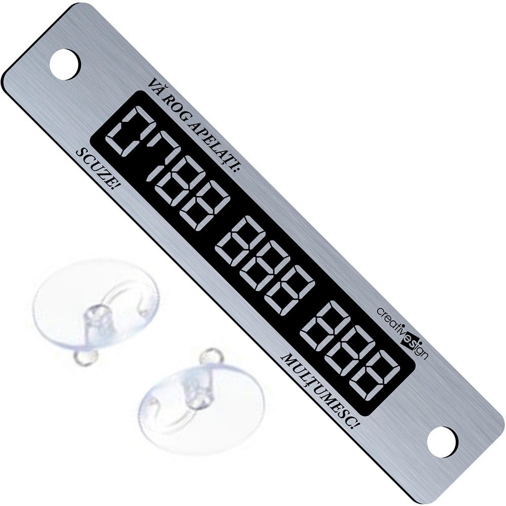 Suport numar telefon parbriz CREATIVE SIGN, fixare cu ventuze, 15 x 3cm, argintiu