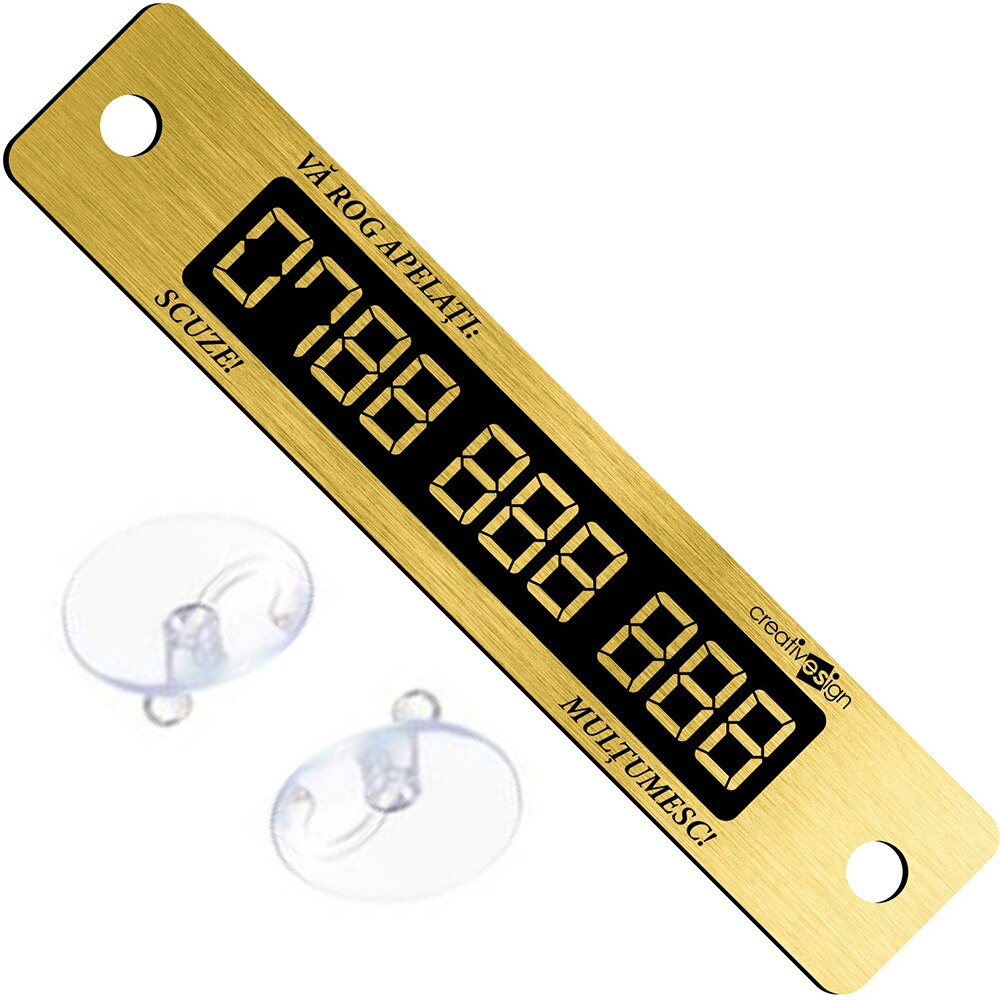 Suport numar telefon parbriz CREATIVE SIGN, fixare cu ventuze, 15 x 3cm, auriu