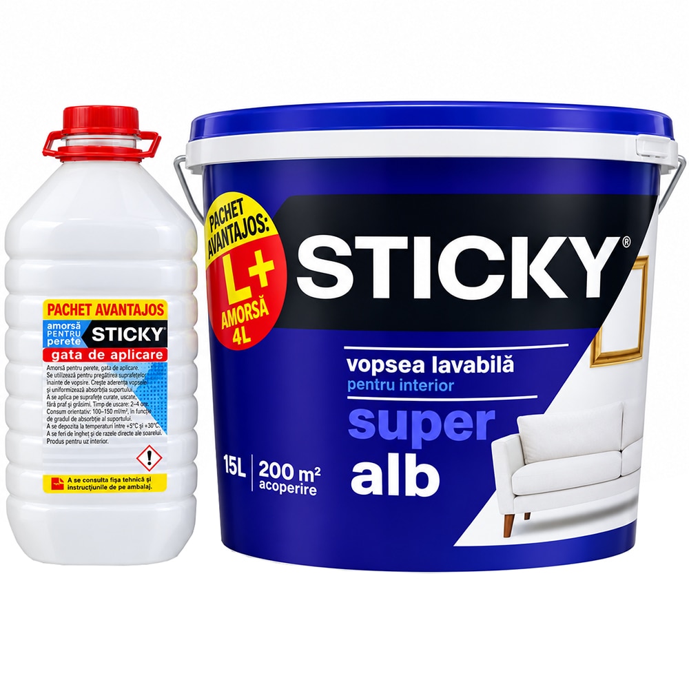 Pachet vopsea lavabila Sticky, interior, super alb, 15 L + amorsa 4 L