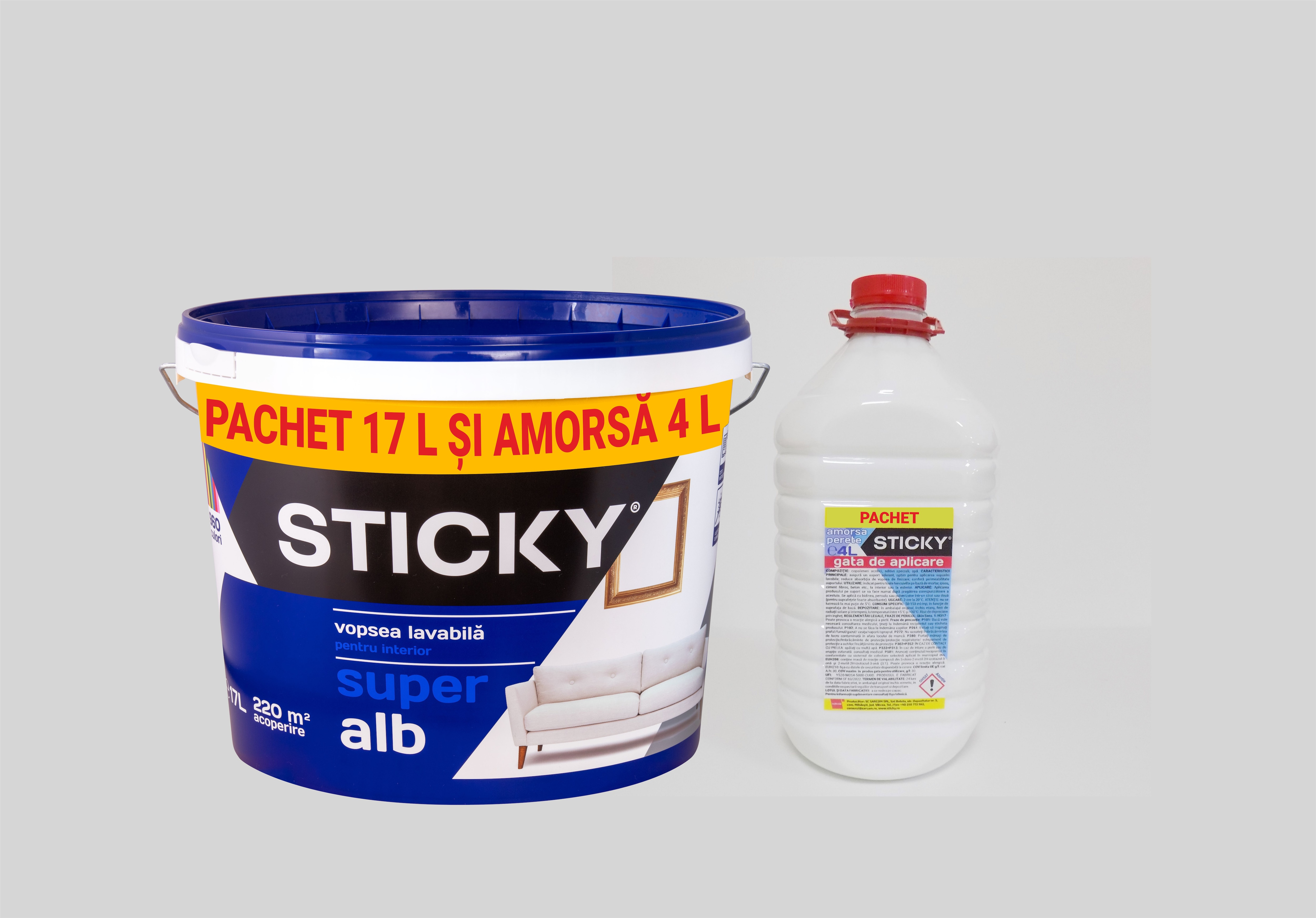 Pachet vopsea lavabila, Sticky, 17 L, super alb + amorsa Sticky, 4 L