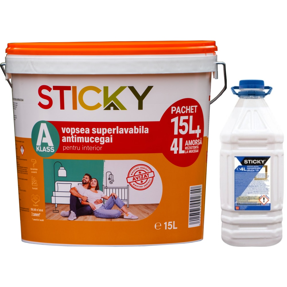 Pachet vopsea superlavabila Sticky A-Klass, antimucegai, alb, 15l + amorsa 4l