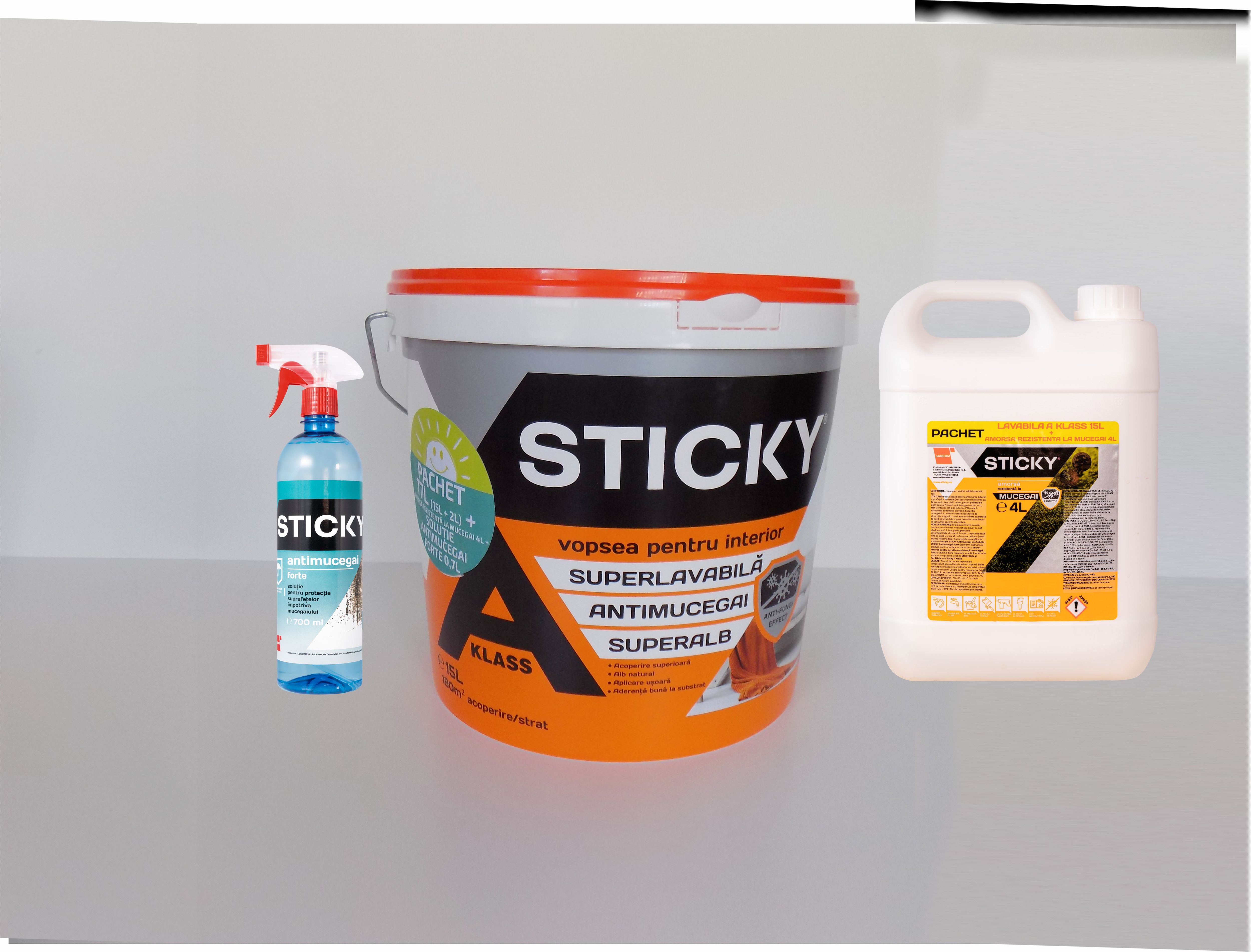 Pachet lavabila Aklass, alb, 17 L + amorsa antimucegai Sticky 4 L + solutie antimucegai Sticky 700 ml