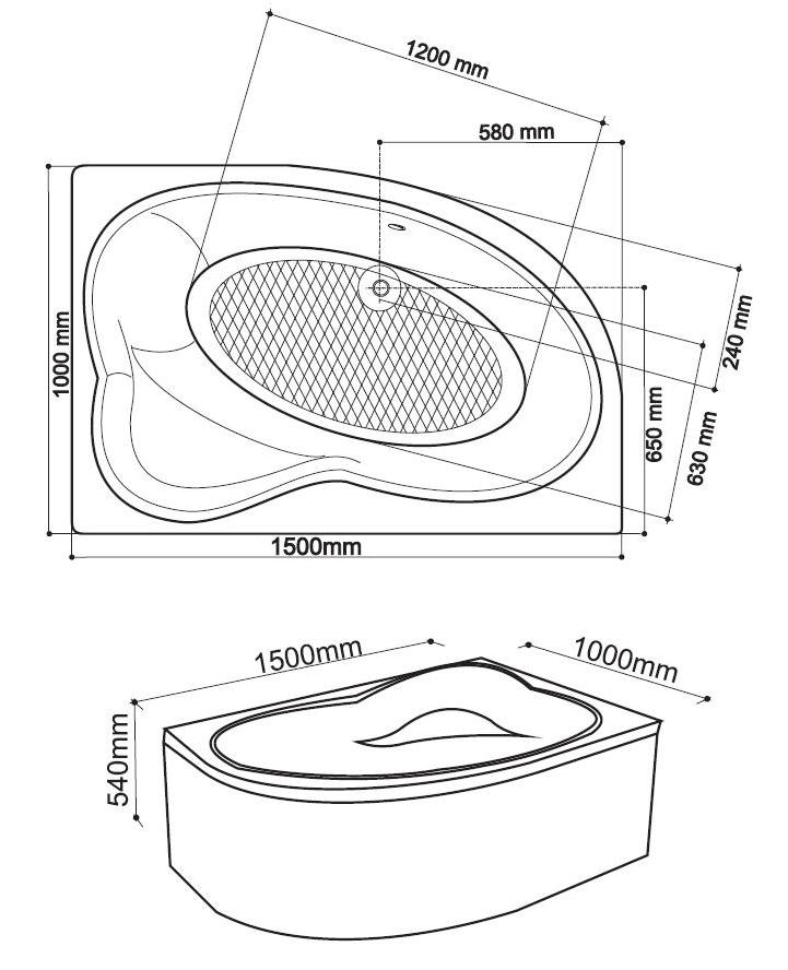 Cada hidromasaj, stanga, semirotunda, 150 x 100 cm • Cristal