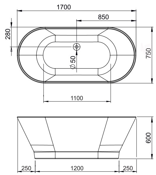 Cada freestanding baie, ovala, alba, 170 x 75 x 60 cm • GoodHome Oslo
